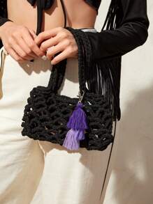 SHEIN VCAY Women's Woven Shoulder Bag, Simple & Fashionable & Versatile - Black - View 5