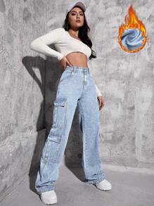 SHEIN EZwear Đã chải Chất vải Nhiệt Túi nắp bên cạnh Quần jean chở hàng - Rửa nhẹ - Xem 5