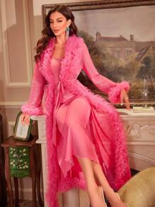 Slumberist Mesh Trim Belted Robe & Mesh Dress PJ Set / Pajama Set - Hot Pink - View 4