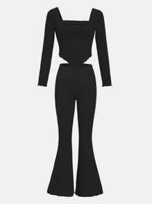 SHEIN Teen Girl Knitted Ribbed Square Collar T-Shirt And Flared Pants Vintage Outfit - Black - View 1