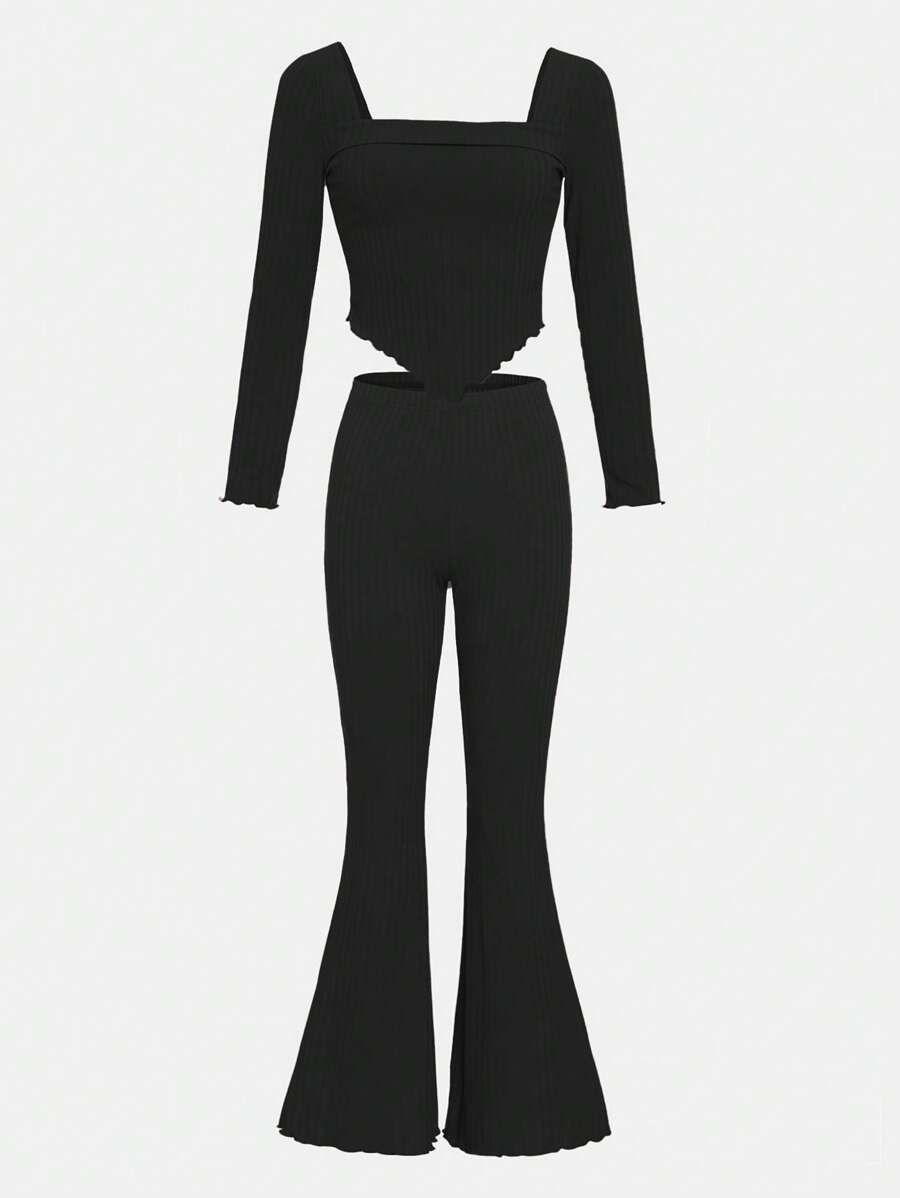 SHEIN Teen Girl Knitted Ribbed Square Collar T-Shirt And Flared Pants Vintage Outfit - Black - View 1