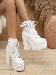 Women's Fashionable Boots Autumn Winter 2023 New British Style Motorcycle Ankle Boots With Chunky Heels, Versatile Platform Thick High Heels Shoes, Boots For Women - White - View 3