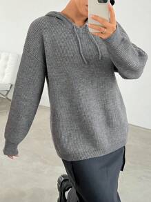 SHEIN EZwear Pull Épaule tombante À Cordon À Capuche - Gris - Voir 1