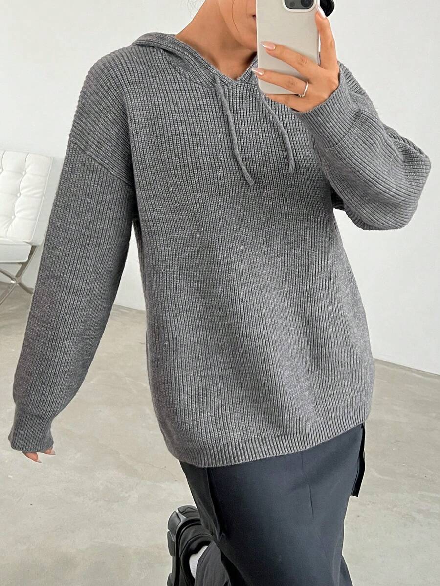 SHEIN EZwear Pull Ăpaule tombante Ă Cordon Ă Capuche - Gris - Voir 1