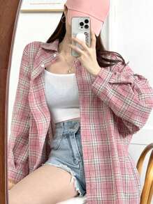 DAZY Plaid Print Drop Shoulder Shirt,Long Sleeve Tops,Back To School Clothes,Flannels Women - Pink - View 5