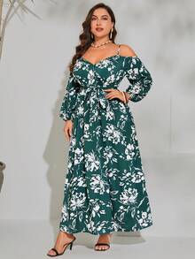 SHEIN VCAY 大碼印花挖肩繫腰帶洋裝 - 彩色 - 查看 4