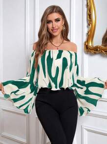 SHEIN Privé Graphic Print Off Shoulder Blouse - Green - View 6