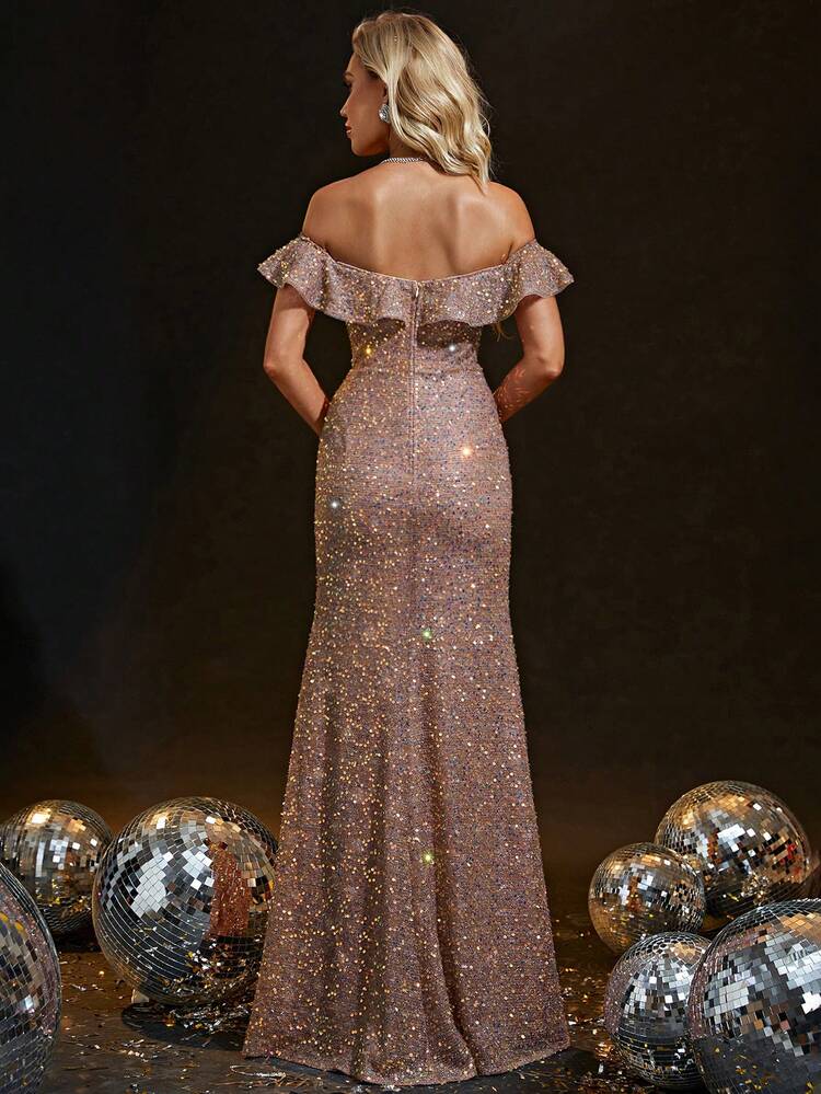 Off Shoulder Tách đùi Kim sa Ăn mặc trang trọng - Rượu sâm banh - Xem 2