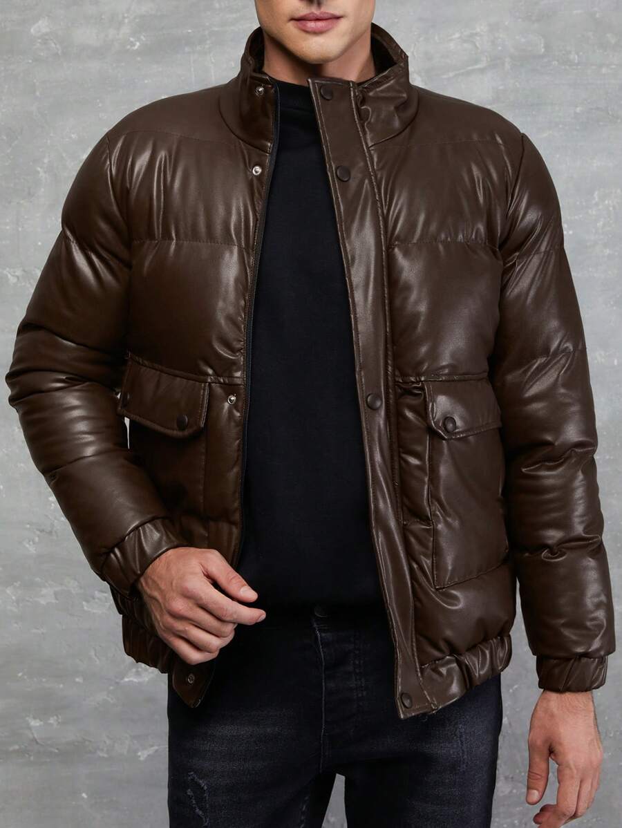 SHEIN Cottnline Men Flap Pocket Puffer Coat - Coffee Brown - View 1