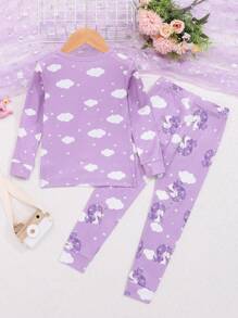 Young Girl Purple Cloud & Unicorn Printed Long Sleeve Top With Long Pants Snug Fit Pajama Set - Mauve Purple - View 2