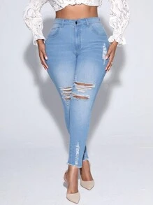 SHEIN SXY Plus High Waist Ripped Raw Hem Skinny Jeans - Light Wash - View 4