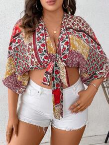 SHEIN VCAY Plus Floral Print Batwing Sleeve Knot Front Crop Blouse - Multicolor - View 2