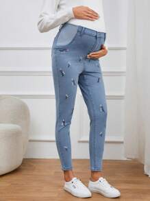 SHEIN 孕婦高腰花卉刺繡緊身牛仔褲 - 淺色水洗藍 - 查看 1