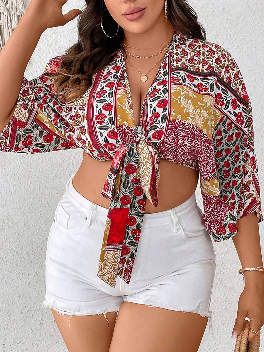 SHEIN VCAY Plus Floral Print Batwing Sleeve Knot Front Crop Blouse - Multicolor - View 1