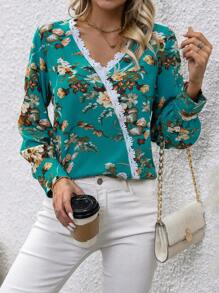 SHEIN Clasi Floral Print Guipure Lace Trim Blouse - Cadet Blue - View 1