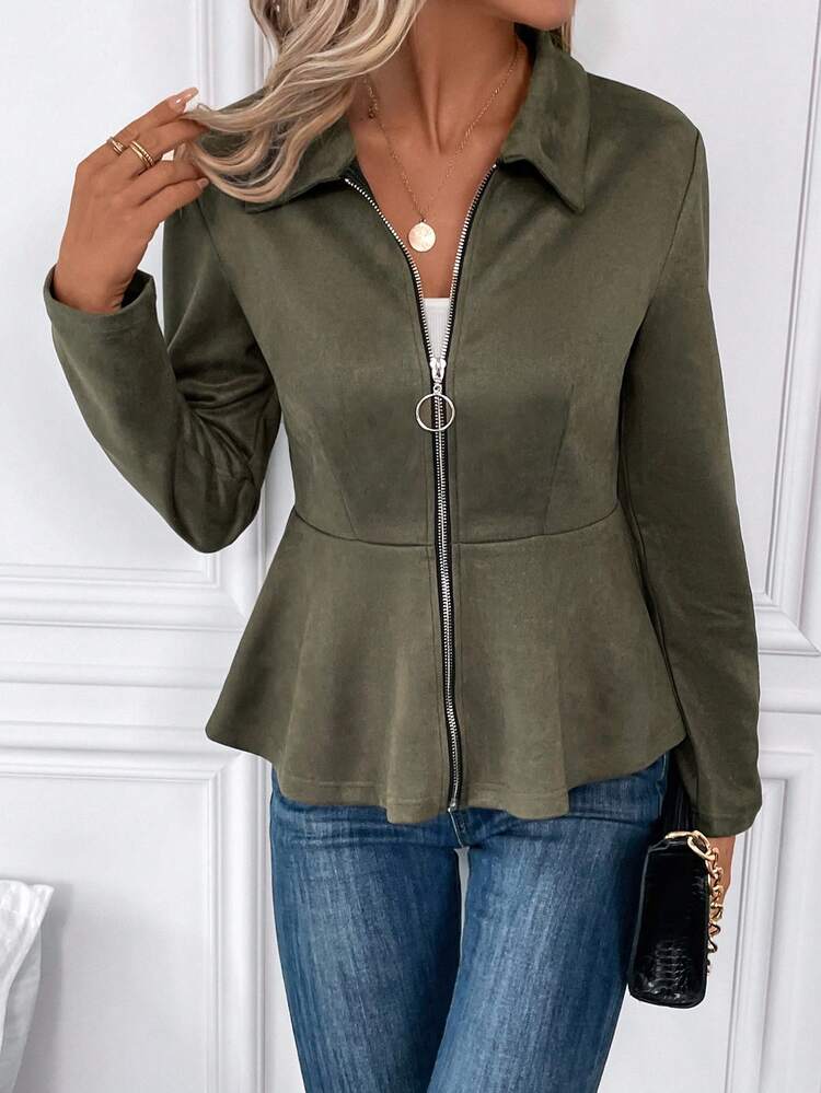 SHEIN Clasi 拉鏈開襟荷葉擺夾克 - 軍綠色 - 查看 5