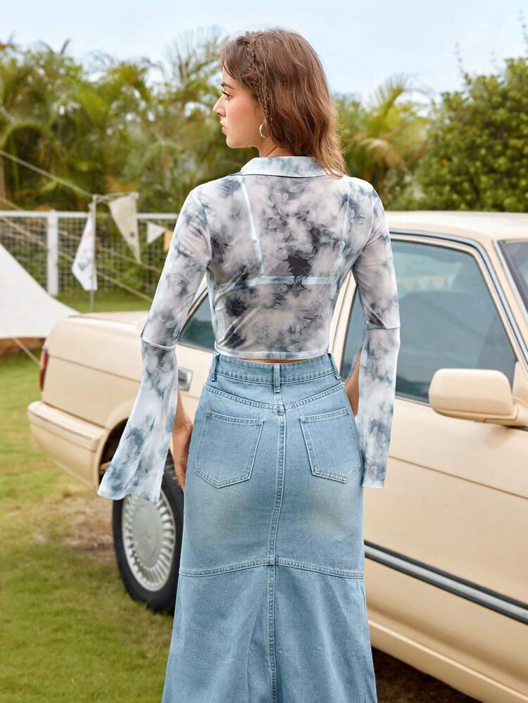 Tie Dye Split Sleeve Mesh Top Without Bra