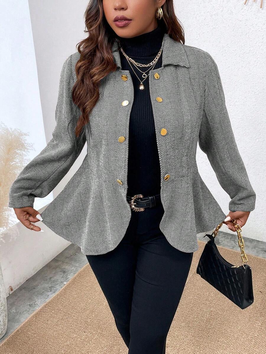 Calvaya Plus Herringbone Peplum Hem Overcoat - Black and White - View 1