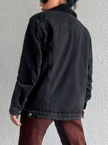 EURMUSE Flap Detail Drop Shoulder Denim Jacket - Dark Grey - View 2