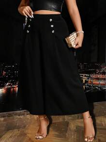 SHEIN Clasi Quần ống rộng có chi tiết nút cộng - màu đen - Xem 3