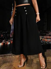 SHEIN Clasi Quần ống rộng có chi tiết nút cộng - màu đen - Xem 6