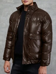 SHEIN Cottnline Men Flap Pocket Puffer Coat - Coffee Brown - View 3