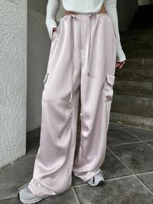 DAZY Flap Pocket Side Drawstring Waist Cargo Pants - Grey - View 1