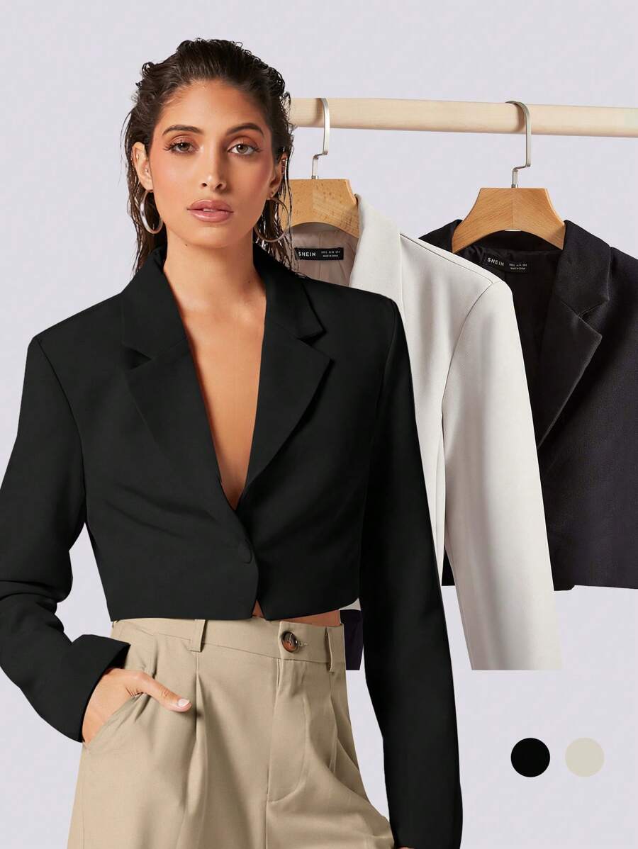 BizChic Women's Thin Notched Collar Open Front Short Blazer Jacket, Basic Top, Minimalist Urban Commute Style, Business Casual Outerwear For Office Wear In Fall/Winter - Black - View 1