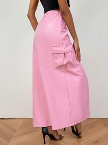 SHEIN EZwear Flap Pocket Split Thigh Flap Pocket Side Cargo Skirt - Baby Pink - View 2