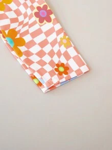 女嬰棋盤格和印花前紐扣短款襯衫 - 橘色 - 查看 3