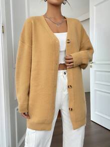 SHEIN Unity 落肩袖前紐扣落肩袖開襟衫 - 卡其色 - 查看 6