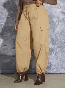SHEIN SXY Plus Drawstring Waist Flap Pocket Cargo Pants - Khaki - View 3