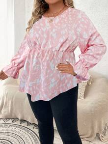 Celure Plus Allover Print Flounce Sleeve Peplum Blouse - Multicolor - View 4