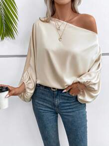 EMERY ROSE Asymmetrical Neck Batwing Sleeve Satin Blouse One Shoulder Top Fall Cloth For Women - Apricot - View 5