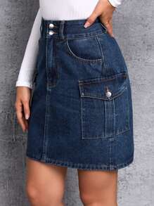 SHEIN Essnce 側翻蓋口袋工裝牛仔半身裙 - 藏蓝色 - 查看 5