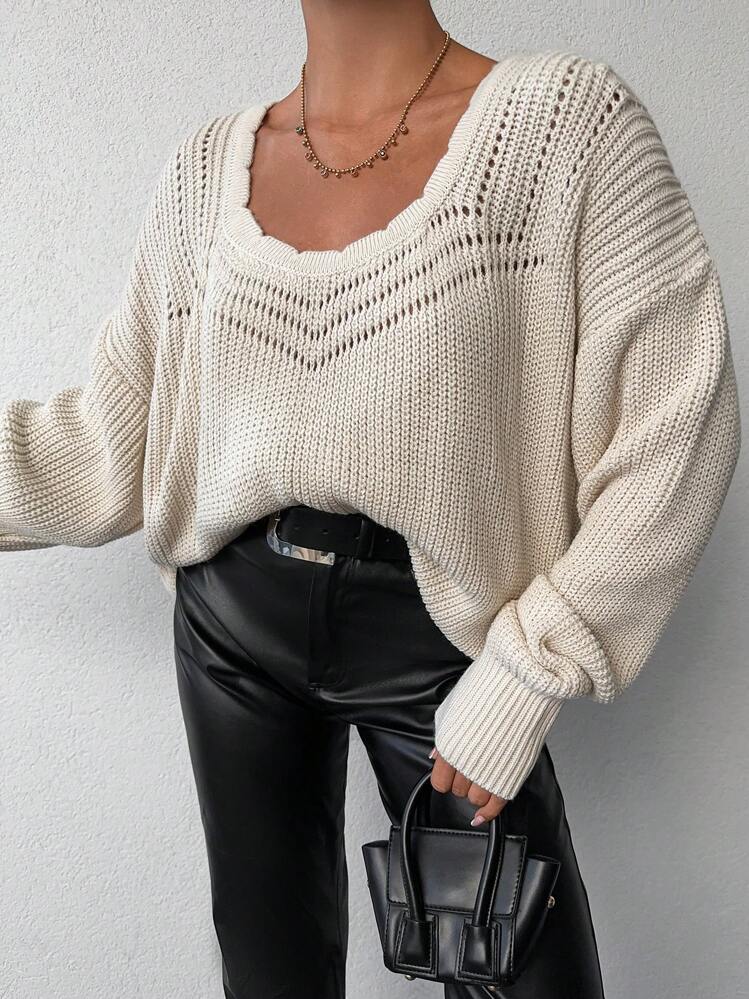 EURMUSE Scallop Trim Drop Shoulder Pointelle Knit Sweater - Apricot - View 4