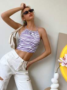 SHEIN Unity Women's Fashionable Striped Cropped Crisscross Back Cami Top, Summer - Purple - View 5