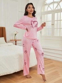 In Trái tim Bộ áo Tee & quần PJ - Hồng - Xem 6