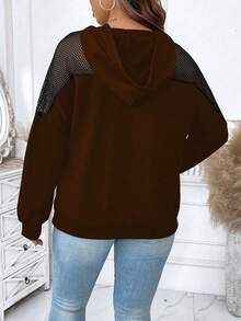 Calvaya 休閒網拼接 抽繩 口袋字母大碼運動衫 - 棕色 - 查看 2