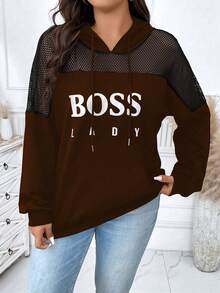 Calvaya 休閒網拼接 抽繩 口袋字母大碼運動衫 - 棕色 - 查看 6