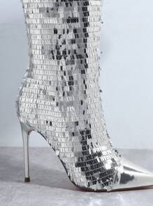 Sequin Over The Knee Boots - Silver - View 3