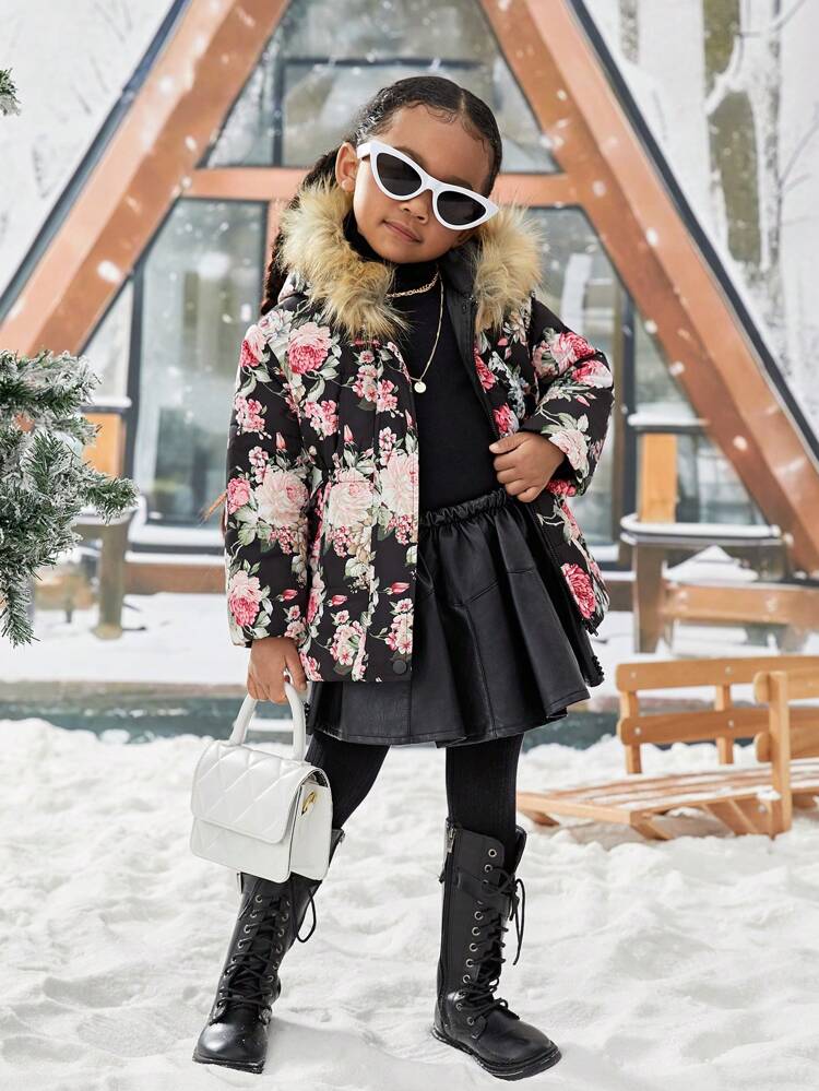 Young Girl Floral Print Fuzzy Trim Hooded Padded Coat