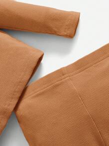 SHEIN 女嬰素色T恤和緊身打底褲 - 鏽棕色 - 查看 3