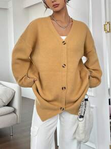 SHEIN Unity 落肩袖前紐扣落肩袖開襟衫 - 卡其色 - 查看 1