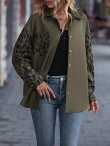 EMERY ROSE Leopard Print Drop Shoulder Pocket Patched Button Front Shirt - Army Green - View 3