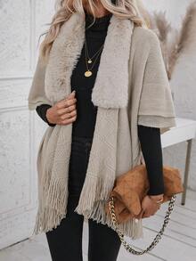 SHEIN Clasi Fuzzy Collar Fringe Trim Batwing Sleeve Duster Cardigan - Khaki - View 6