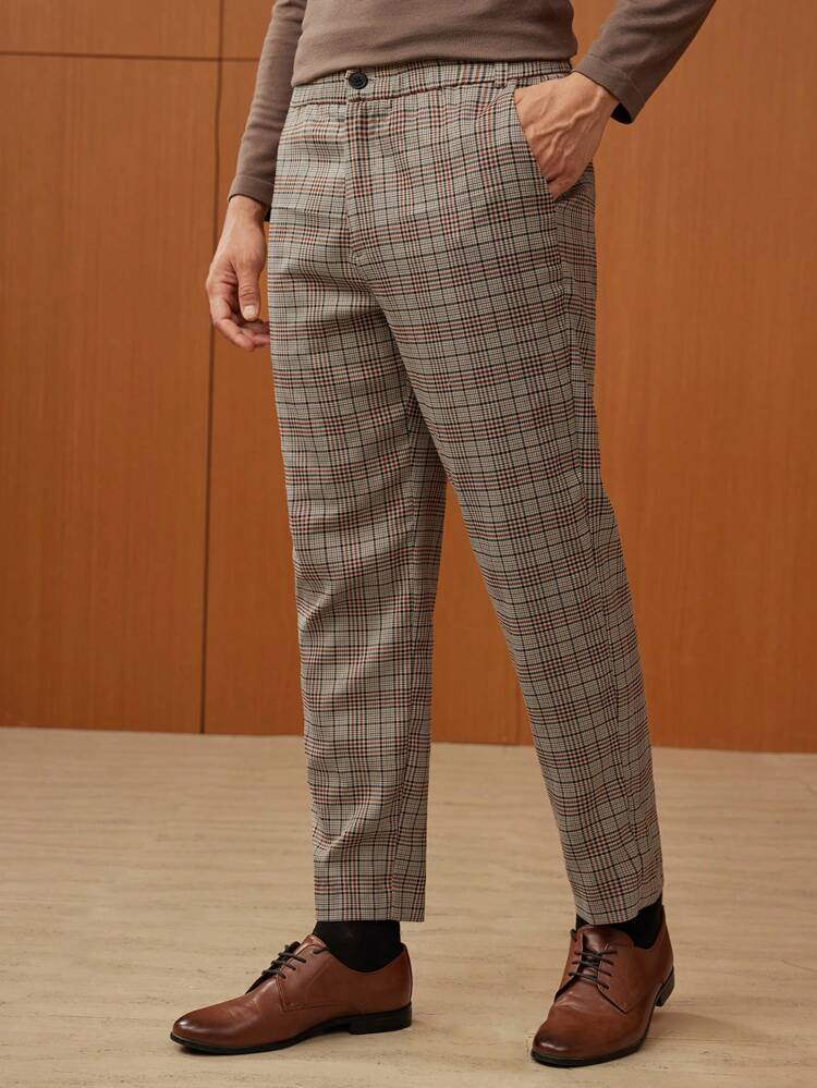 Men Plaid Print Slant Pocket Suit Pants