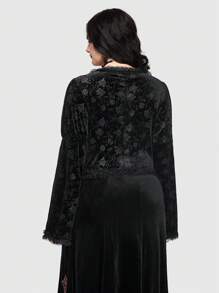 ROMWE PUNK Plus Lace Trim Velvet Tee - Black - View 6