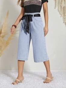 SHEIN LUNE High Waist Belted Wide Leg Jeans - Light Wash - View 3