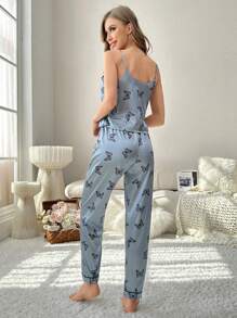Butterfly Print Satin PJ Set / Pajama Set - Dusty Blue - View 2